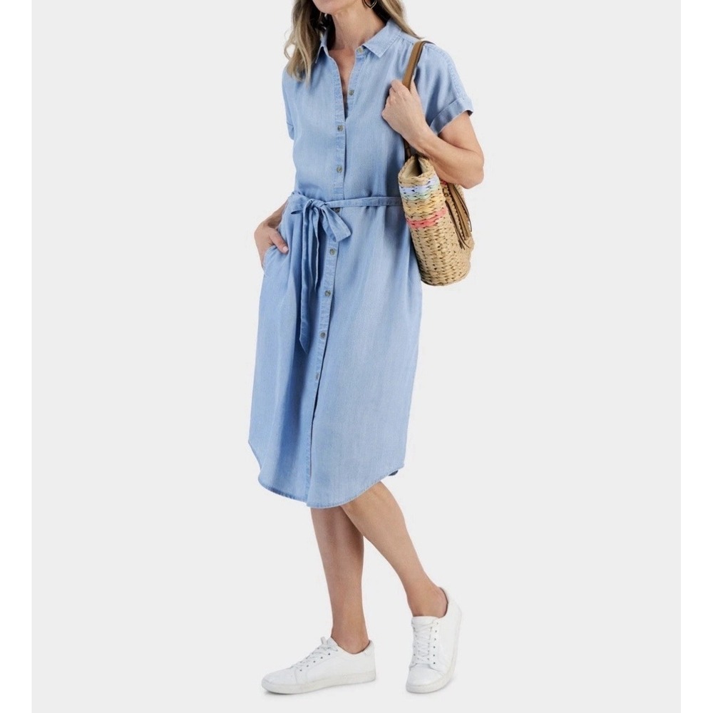 Style & Co Women's Chambray Short-Sleeve Shirt Dress Emma Sz M